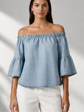 Guess Off the Shoulder Chambray Blouse
